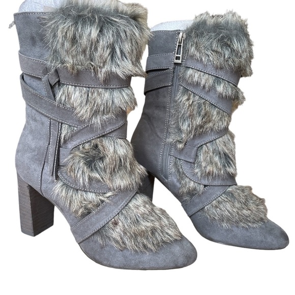 NEW Fuzzy Gray CHARLES by Charles David Faux Fur Gray Suede Boots, 3” Heel - Picture 1 of 5